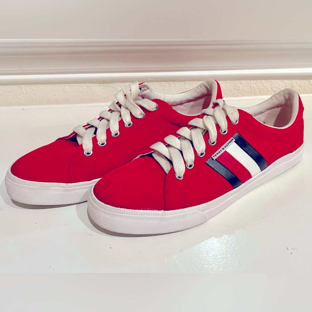 Tommy Hilfiger Red Tennis Shoes with Blue & White Stripes